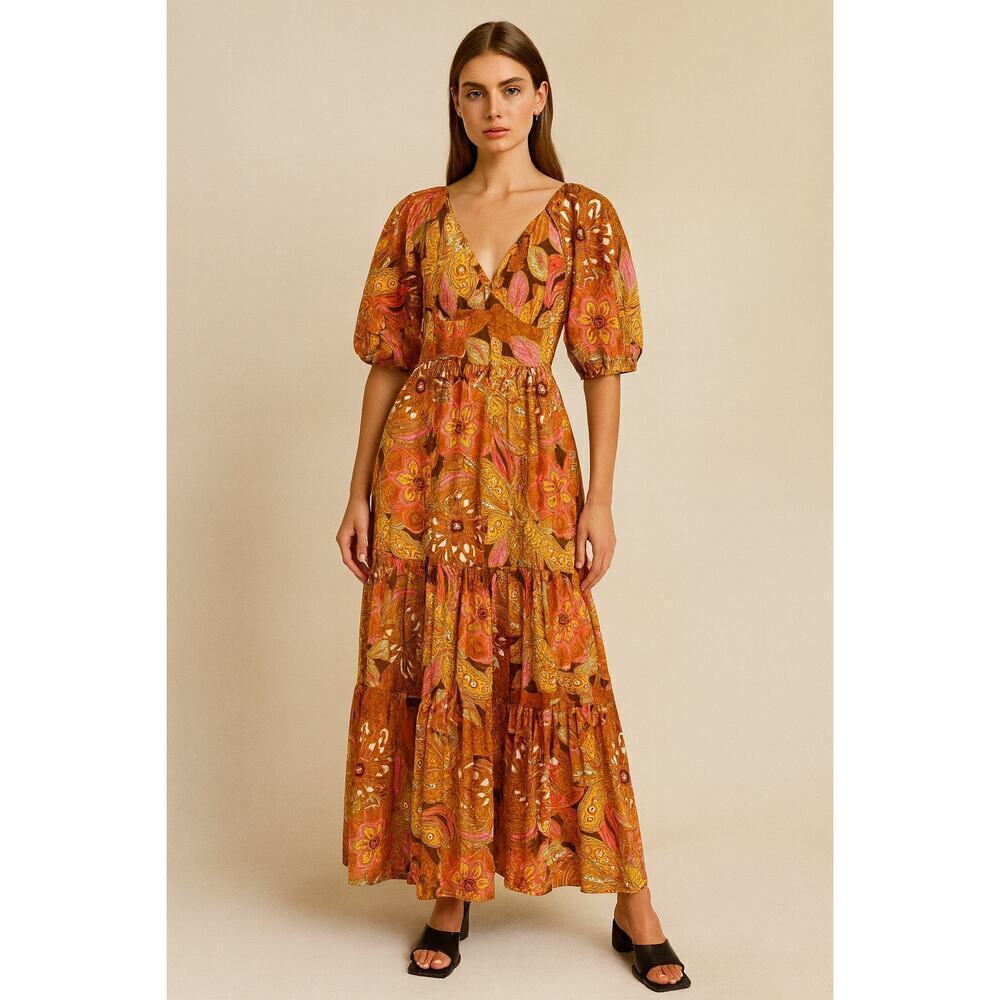 Flora Bea Fabio Floral Print Puff Sleeve V-Neck Maxi Dress Vertigo Womens Size S
